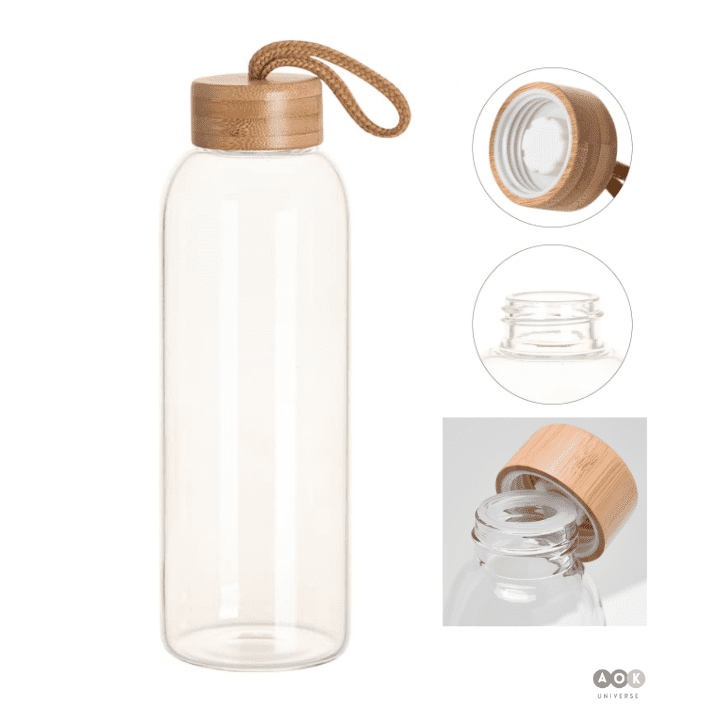 Glass Bottle 1000ml, Bamboo Lid & Rope with Cover